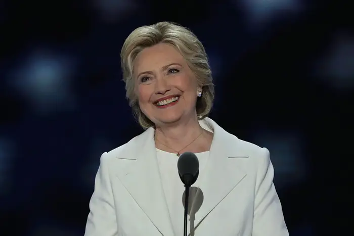 Hillary Clinton beams during her DNC speech <br>